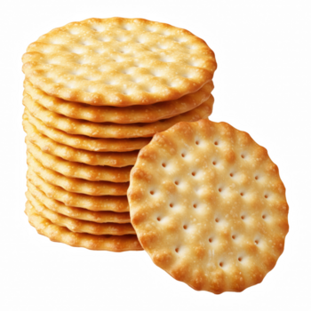 Stack of round golden crackers with crispy texture isolated on transparent background png