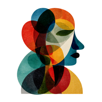 Abstract profile portrait composed of overlapping colorful textured circles and shapes on a cream png