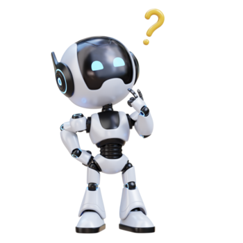 3d schattig robot assistent in denken gebaar met vraag Mark png