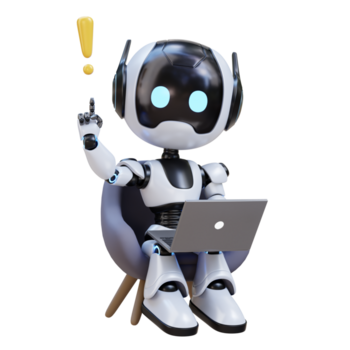 3d söt robot assistent tecknad serie karaktär 3d framställa söt robot arbetssätt på bärbar dator och fick aning med e png