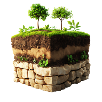 Cross section of earth block with trees grass and stone structure nature concept png