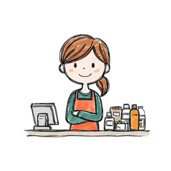 GIS de cera estilo amigáveis fêmea caixa às contador ilustração dentro varejo loja png