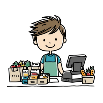 desenhado à mão desenho animado mercearia escriturário às Verificação de saída contador ilustração gráfico png