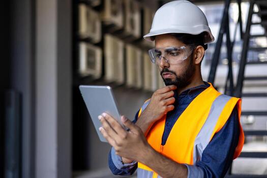 Serious thinking and focused engineer working in factory in hard hat and vest, man using tablet computer reading diagram, and checking equipment, inside industrial factory. photo