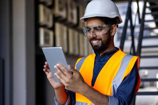 Portrait of young engineer worker, man in helmet and vest using tablet computer, smiling, checking production figures. photo
