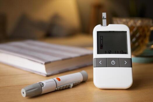 A glucometer is placed on a wooden table beside a diabetes testing pen and an open notebook. The soft lighting creates a warm, inviting atmosphere, ideal for managing health photo
