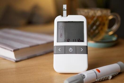 A glucometer sits on a wooden table, displaying the time and ready for a blood sugar test. Nearby, a cup of tea and an opened notebook add to the setting photo