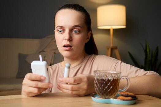 Surprised user looks at glucometer results while holding a test strip. A cup of tea and cookies are placed on the table, creating a cozy home environment photo