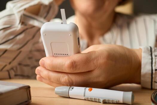 An individual measures their blood sugar using a glucometer while seated at a wooden table. Nearby, a pen-like device is visible, indicating a routine health monitoring session photo