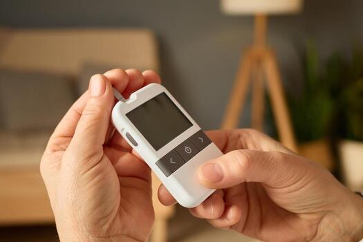 Individual is using a glucometer in a warm and inviting indoor environment to check blood sugar levels, demonstrating a common health monitoring activity at home photo