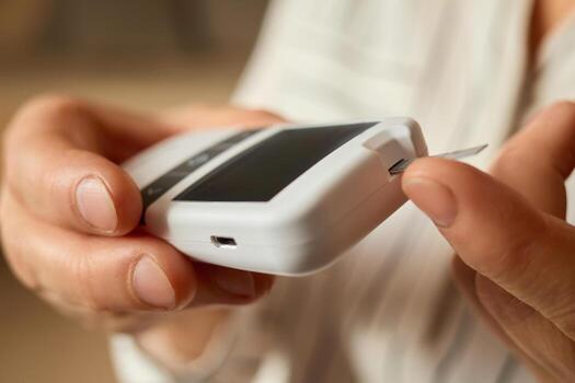 A person inserts a testing strip into a glucometer to check glucose levels. This activity occurs indoors, emphasizing the importance of monitoring diabetes regularly and maintaining health photo