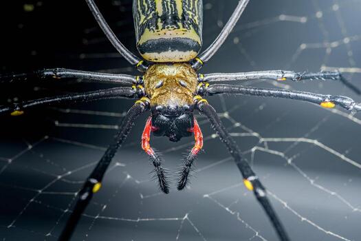 Golden orb-weaver spider on its web close-up photo