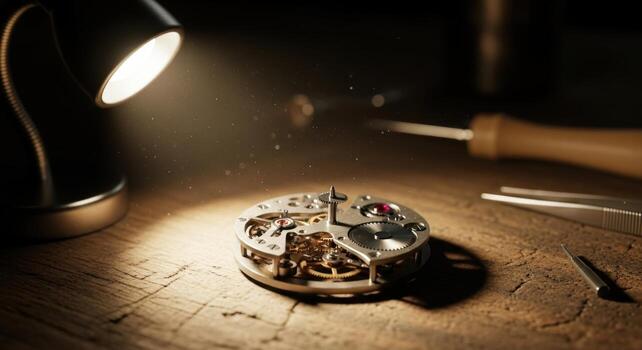 Close-up of a watchmakers workbench with a disassembled watch movement under a focused lamp. photo