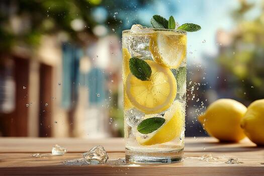 Refreshing lemonade with lemon wedges, mint leaves, and ice in a tall glass on a wooden table photo
