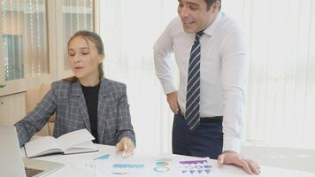 Business team meeting about report analysis statistics and profit of financial, manager and secretary consulting and planning of finance with chart and graph. video