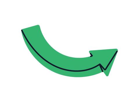 Curved green arrow icon, symbol of movement, progress, navigation and direction, dynamic pointer element in minimal flat illustration. vector