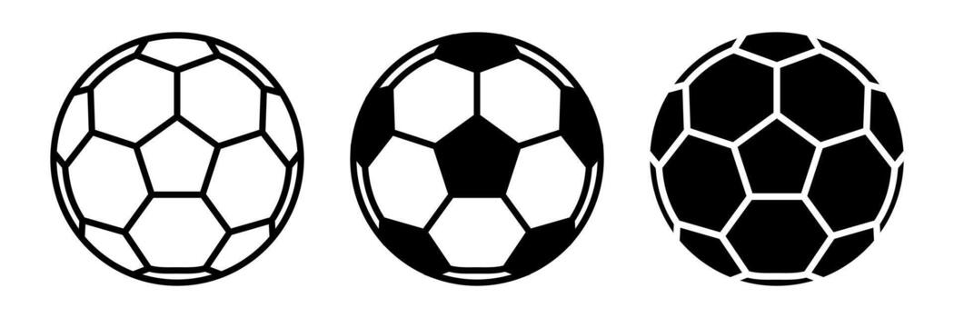 Soccer icon set. A set of simple soccer ball icons in outline, black and white, and solid black versions. Perfect for sports themed projects, web design. Isolated on white background. vector