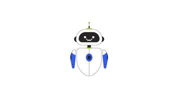 Friendly AI robot with pixelated smile floating 2D character animation. Artificial intelligence robotics cute. Customer bot, chatbot animated personage cartoon 4K isolated on white transparent video