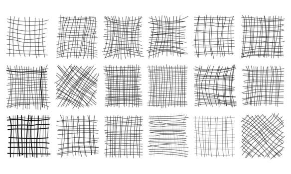Hand-drawn crosshatch texture set with abstract line patterns perfect for design backgrounds, sketches, and artistic projects. vector