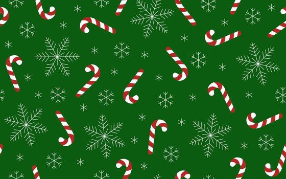 Seamless pattern with Christmas candy canes and snowflakes on a green background. Scattered sweets and snow repeating background. vector