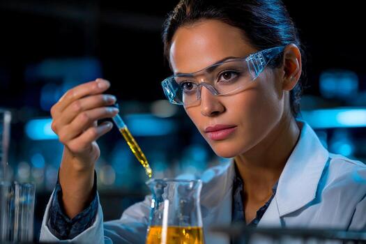 A scientist in a lab coat and protective glasses carefully adds a liquid from a pipette to a beaker during an experiment. The setting is well-equipped with various glassware photo