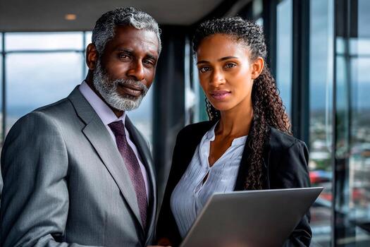 Two business professionals stand together in a sleek office with large windows. They are discussing strategies while holding a laptop. The city skyline is visible in the background photo