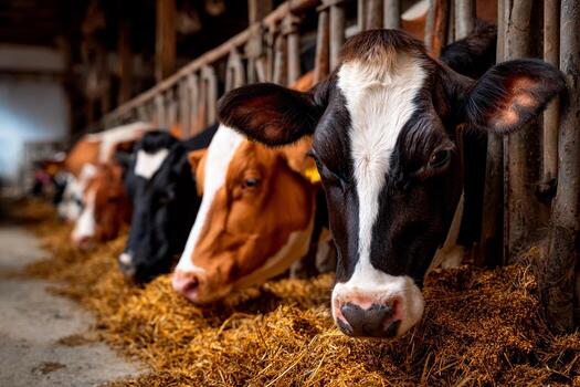 Several cows are gathered in a barn, munching on hay and feed during the daytime. The setting shows a rustic atmosphere typical of a dairy farm photo