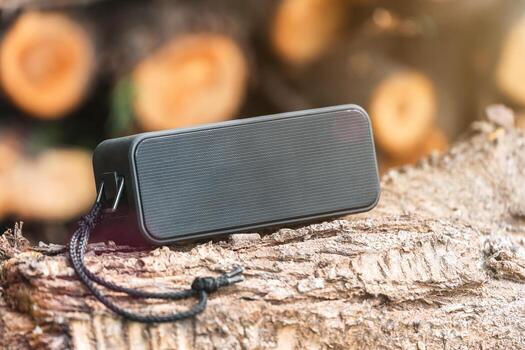 Portable wireless speaker for listening to music on a log photo