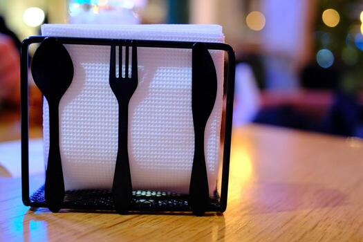 A table with a napkin holder and a fork and spoon photo