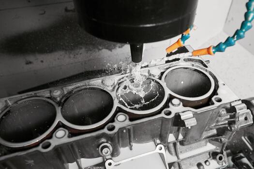 Repair of cylinder block engine blocks on the boring machine. Steel milling CNC tune process of cylinder block for car engine factory. photo