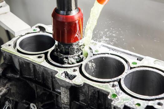 Honing of engine cylinder on CNC Vertical Machine, close up. Car workshop, tuning and repair of engine power. Overhaul of the engine. Machine with ideal bore finish. photo