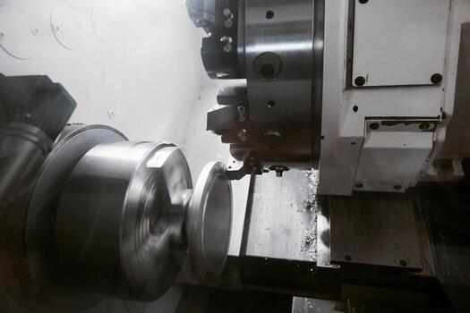Rotation of aluminium part on CNC metalworking machinery. Working of milling machine with Control Numerical Computer. photo