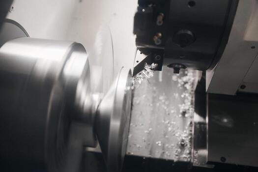 CNC lathe machine or turning machine cutting parts at the steel shaft. Elements cutting process on the Computer Numerical Control lathe machine. photo