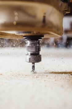 Machine tool in wood factory with drilling cnc machines. Computer numerical control. photo