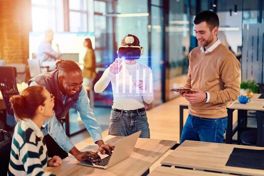 diverso creativo equipo experimentando con virtual realidad auriculares y digital datos visualización en un moderno oficina. concepto de innovación, trabajo en equipo, y futuro tecnología colaboración. foto