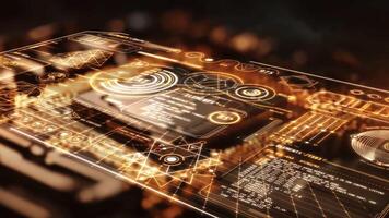 futurista transparente monitor demostración complejo datos análisis y Procesando video