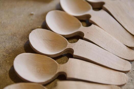Handcrafted wooden spoons, product photo, studio shot, object isolated, clean studio background, copy space minimal background, transparent isolated object photo