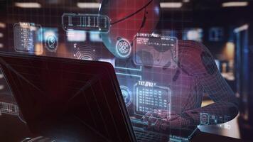 robot trabajando en ordenador portátil con holográfico datos monitor video