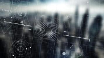 futurista frente en alto monitor demostración cerebro y datos análisis video