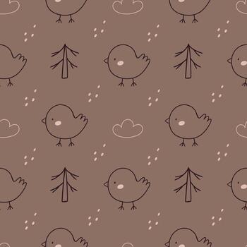 Seamless pattern with cute birds, trees, clouds, and dots on a brown background. Scandinavian minimalism style perfect for baby textiles, nursery prints, and soft cozy decor. vector