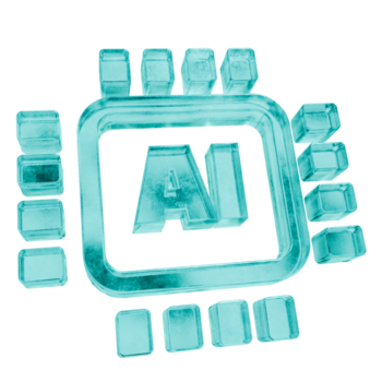 3d künstlich Intelligenz Chip Formen im gefrostet Blau Eis Glas Stil, isoliert auf ein transparent Hintergrund. Glasmorphismus Symbole und 3d Elemente zum modern Grafik Design. png