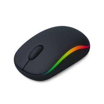 Sleek wireless computer mouse featuring an ergonomic design and a vibrant multicolor LED light strip, delivering precise control and enhancing any modern digital workspace png