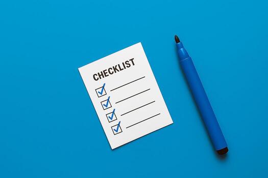 A checklist with three items marked with a blue marker. The blue marker is next to the list. Task management. photo