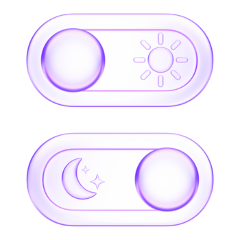 3d morfismo de vidrio palanca cambiar icono demostración día y noche modos. lustroso mínimo púrpura degradado diseño simbolizando oscuro modo, brillo, o sistema preferencia ajuste png