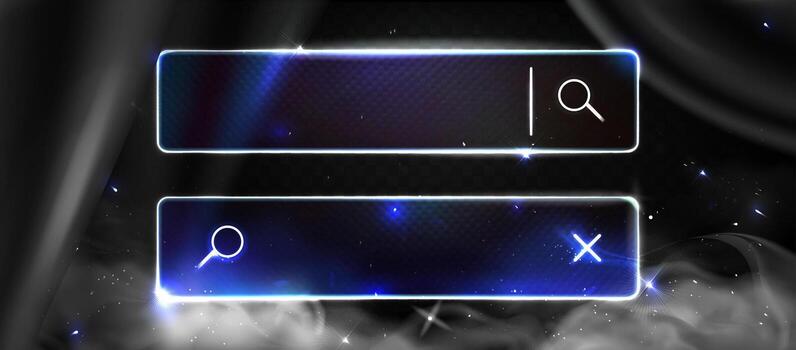 Futuristic Search Bar and Close Buttons.Glassmorphism screen smartphone. Transparent matt glass plates on the a dark atmosphere surrounded by blowing smoke twinkle particles vector