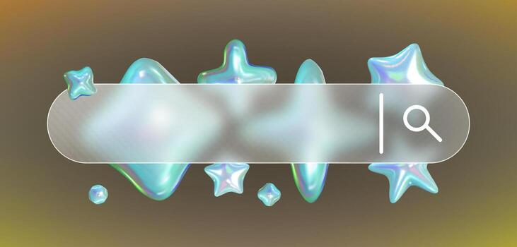Futuristic Glassmorphism Search Bar with Iridescent Bubbles and Star Shapes . Frame with pearl fluid shapes in y2k style and 90s design. vector