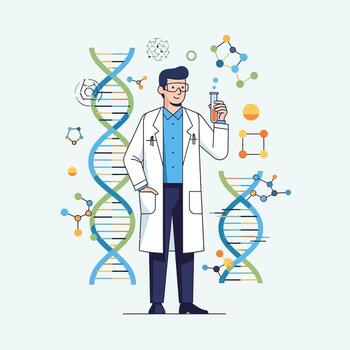 Scientist in Lab Coat with DNA and Molecular Structures vector
