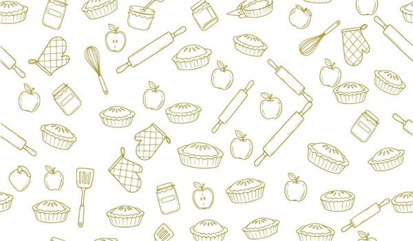 Golden line art baking tools create a repeating pattern featuring pies, apples, and kitchen equipment. vector