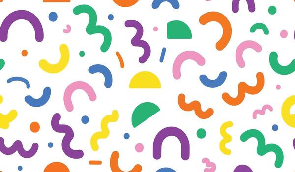 Bright geometric Memphis shapes create a vibrant abstract pattern using a fun retro color palette. vector