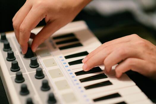 A Man Playing Synthesizer Keyboard MIDI Controller. Hands close up. Electronic Music Production concept photo